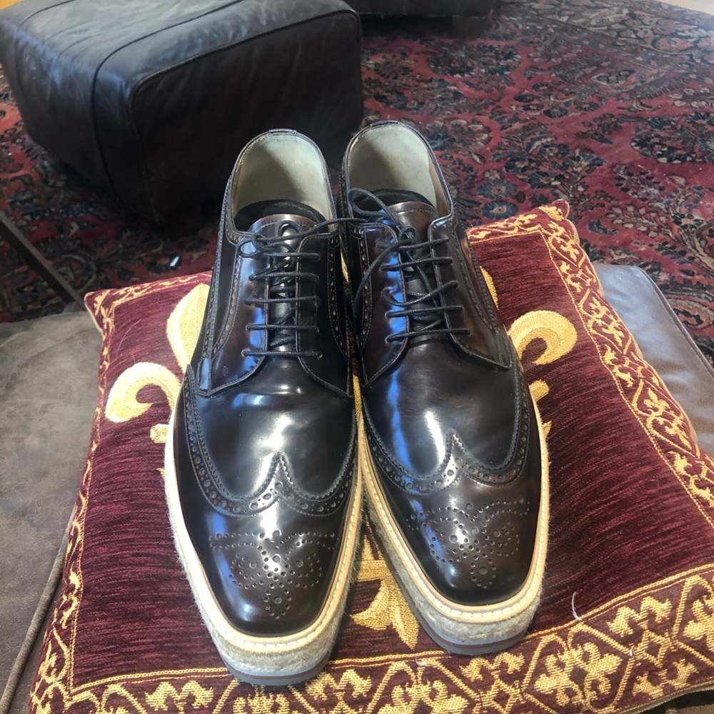 Prada men’s platform wingtips in antiqued brown